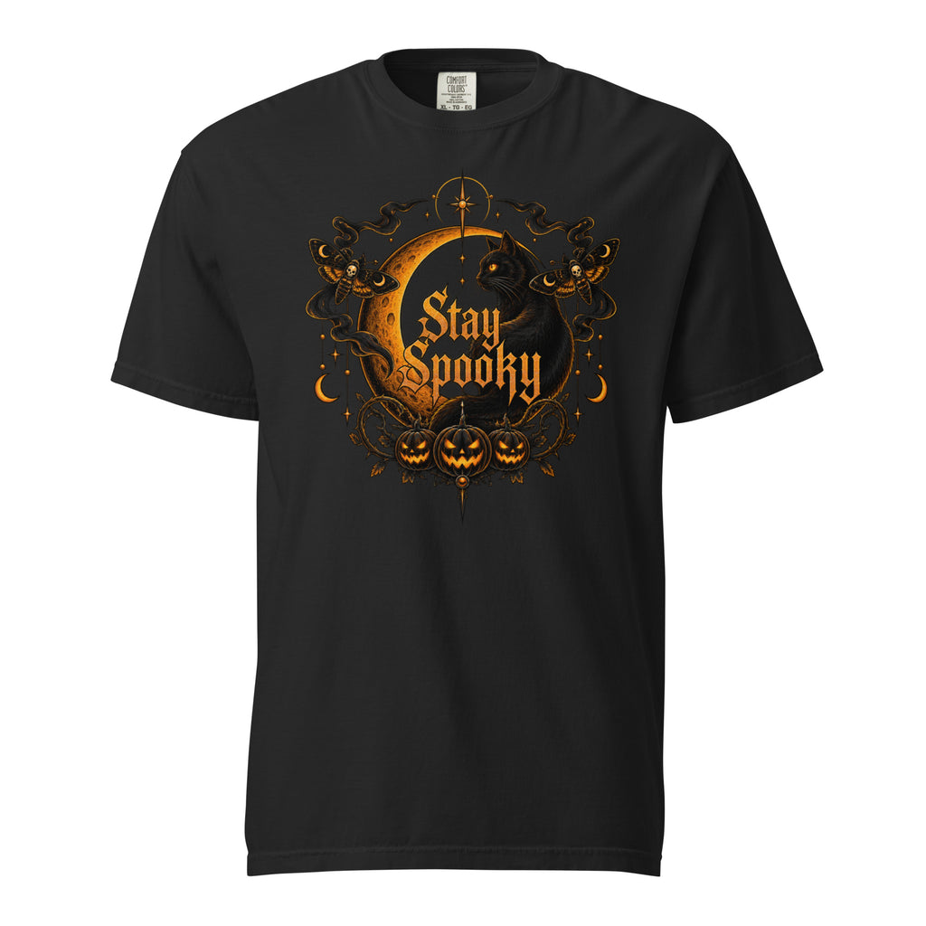 Front view of a Black T-shirt featuring a black cat, golden crescent moon, pumpkins, moths, stars and ornate “Stay Spooky” lettering.