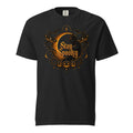 Front view of a Black T-shirt featuring a black cat, golden crescent moon, pumpkins, moths, stars and ornate “Stay Spooky” lettering.