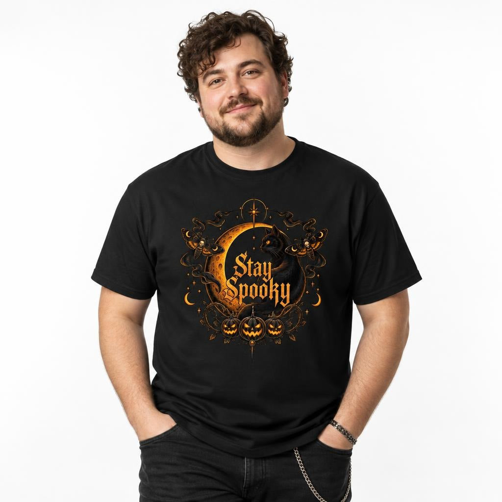 Model wearing a black T-shirt with ornate gold Stay Spooky lettering, a black cat, crescent moon, and carved pumpkins.