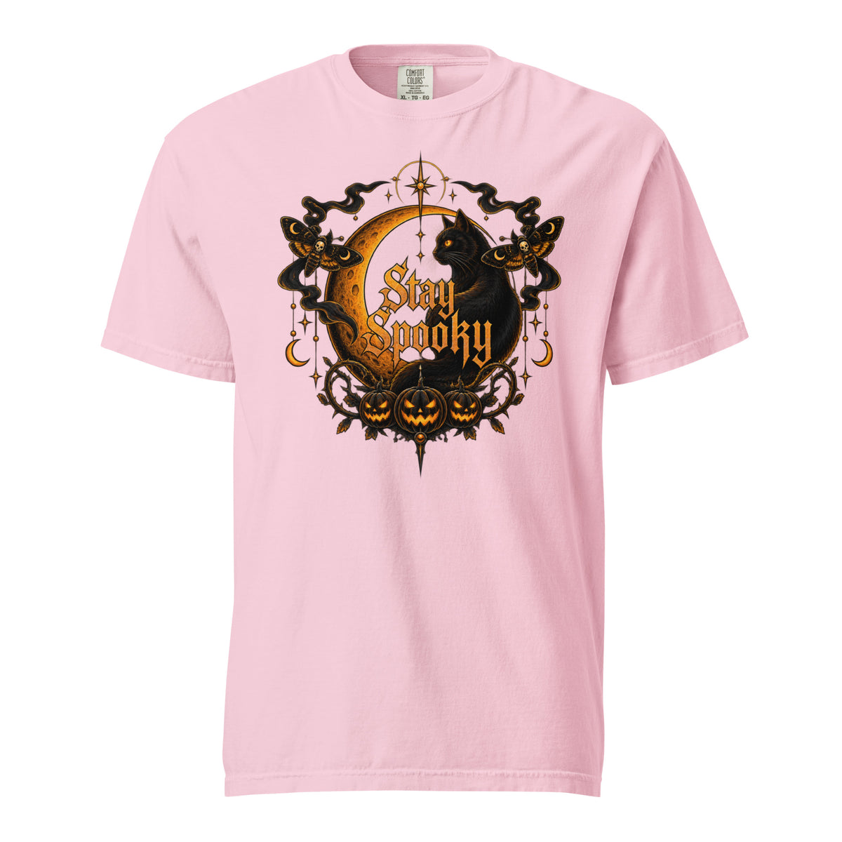 Front view of a Blossom T-shirt with a black cat, golden crescent moon, pumpkins, moths, stars, and ornate “Stay Spooky” lettering.