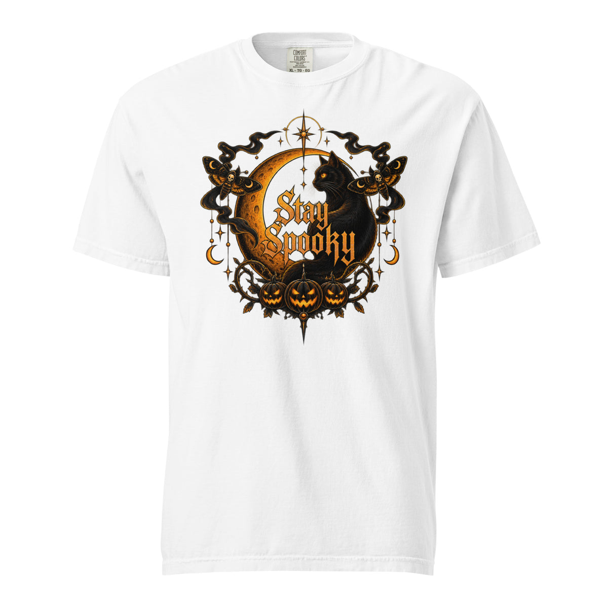 Front view of a White T-Shirt featuring ornate gold “Stay Spooky” lettering, a black cat, crescent moon, pumpkins and celestial details.