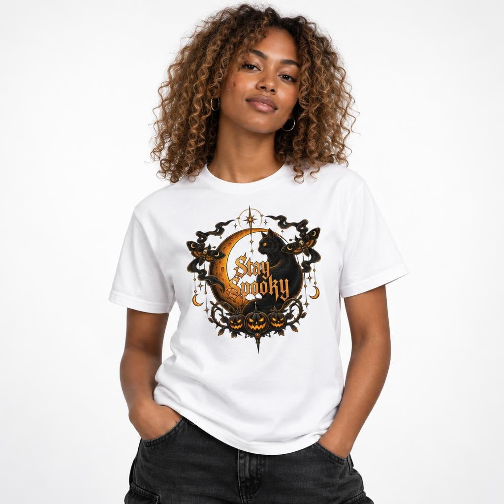 Front view of a model wearing a white T-shirt with Stay Spooky lettering, a black cat, golden crescent moon, pumpkins and moths.