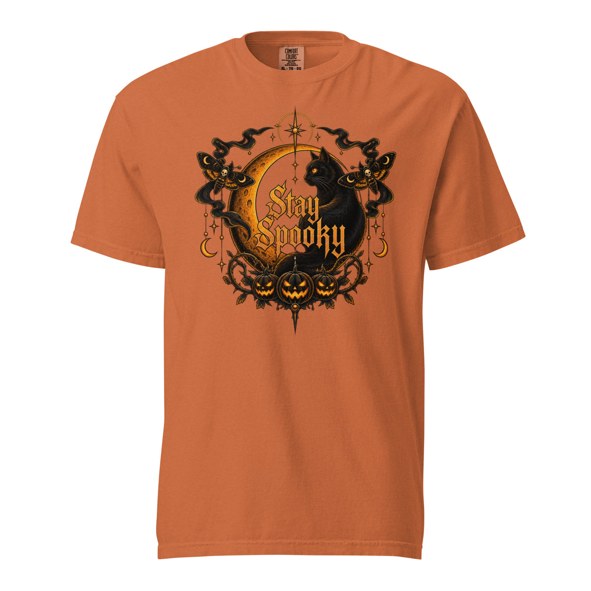 Front view of a Yam T-shirt featuring a black cat, golden crescent moon, ornate Stay Spooky lettering, pumpkins and gothic celestial details.