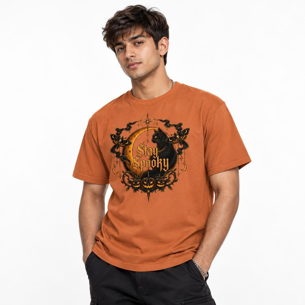 Front view of a Yam T-shirt featuring a black cat, golden crescent moon, pumpkins, and ornate “Stay Spooky” lettering.