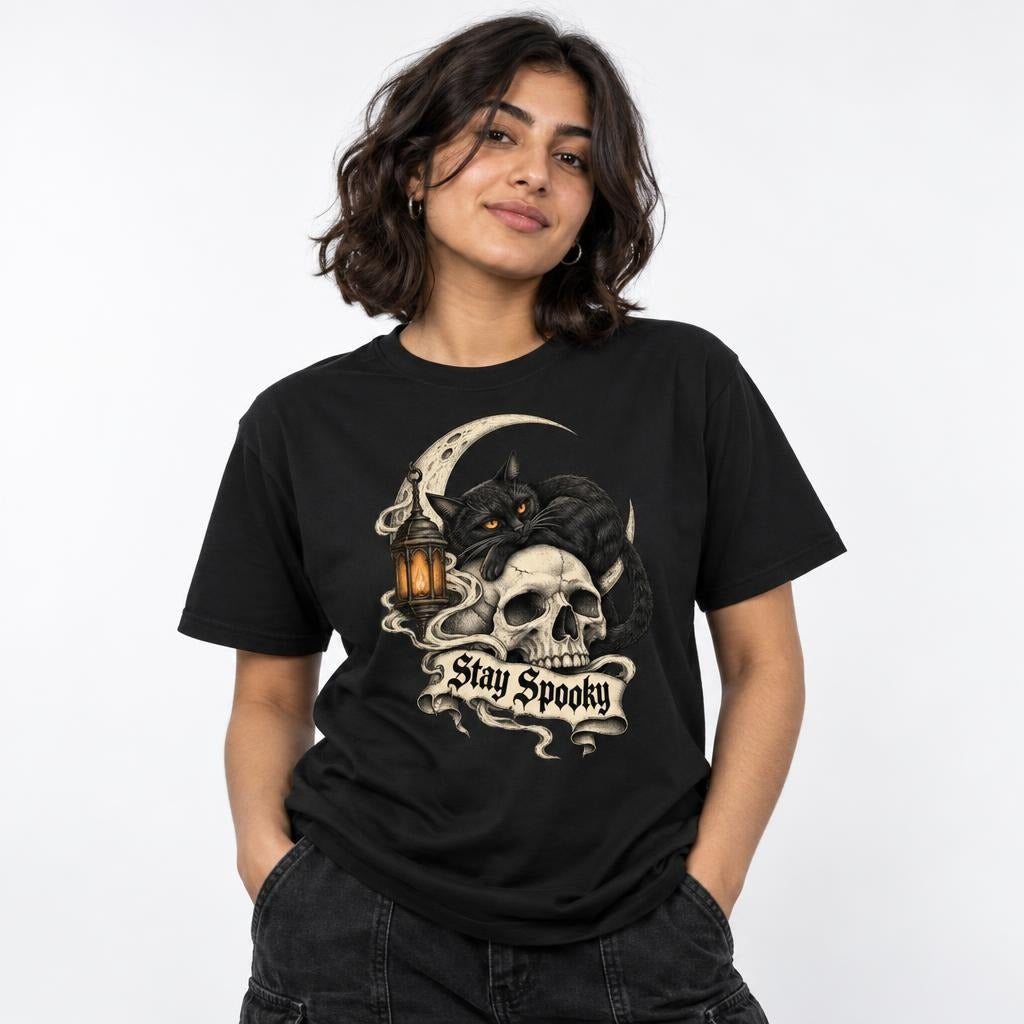 Model wearing a black T-shirt featuring a black cat with amber eyes resting on a skull beside a glowing lantern and Stay Spooky banner