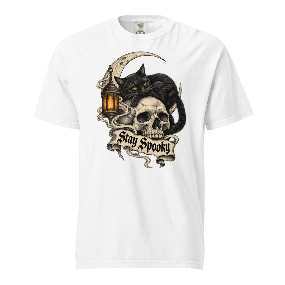 Front view of a White T-shirt featuring a black cat with amber eyes resting on a skull beside a glowing lantern and a Stay Spooky banner.