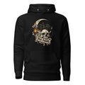 Front view of a black hoodie featuring a black cat with amber eyes reclining over a skull, crescent moon, lantern, and “Stay Spooky” banner.