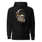 Front view of a black hoodie featuring a black cat with amber eyes reclining over a skull, crescent moon, lantern, and “Stay Spooky” banner.