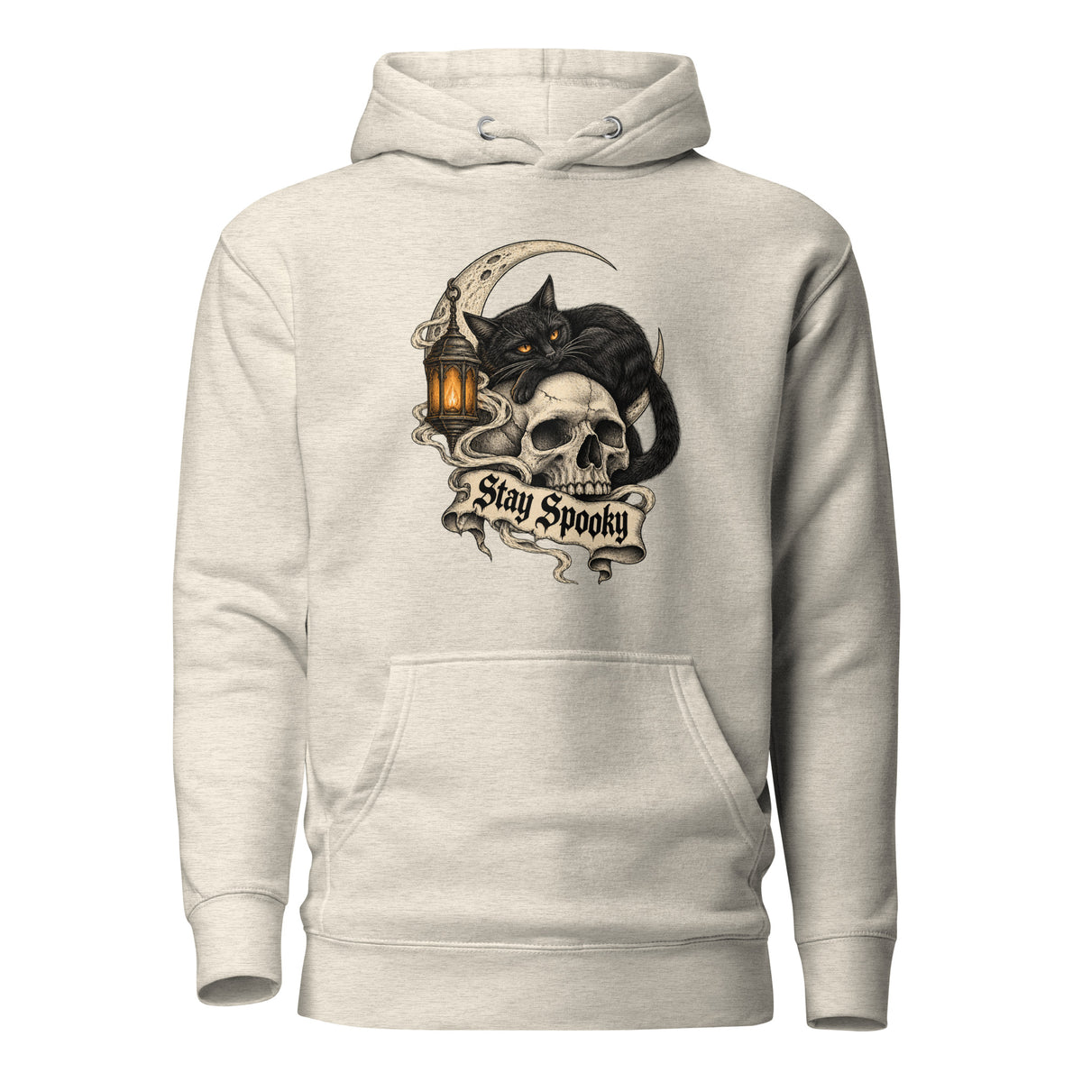 Front view of an Oatmeal Heather hoodie featuring a black cat, skull, crescent moon, lantern, smoke, and “Stay Spooky” banner.