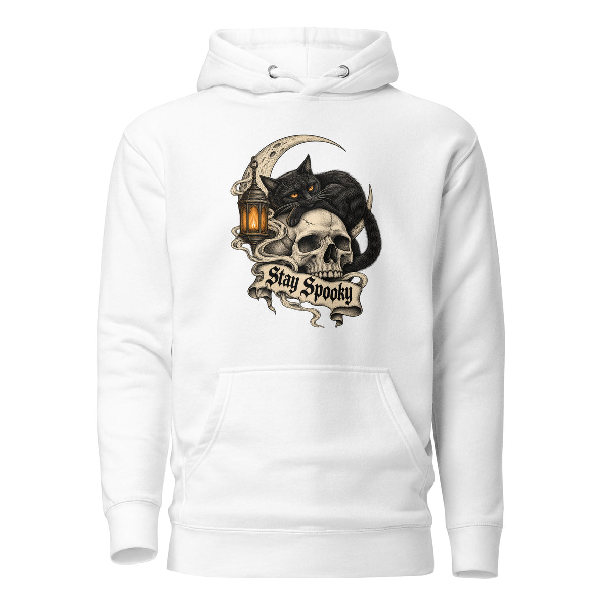 Front view of a white hoodie featuring a black cat with amber eyes reclining over a skull, framed by a crescent moon and lantern with “Stay Spooky” text.
