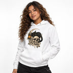 Front view of a model wearing a White hoodie with a black cat, skull, crescent moon, lantern, and “Stay Spooky” artwork.