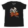 Front view of a black T-shirt featuring Stay Spooky lettering, a friendly white ghost, and an orange jack-o'-lantern.