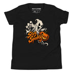 Front view of a black T-shirt featuring Stay Spooky lettering, a friendly white ghost, and an orange jack-o'-lantern.