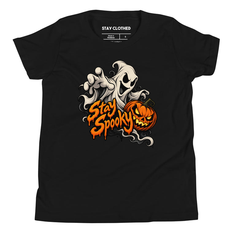 Front view of a black T-shirt featuring Stay Spooky lettering, a friendly white ghost, and an orange jack-o'-lantern.