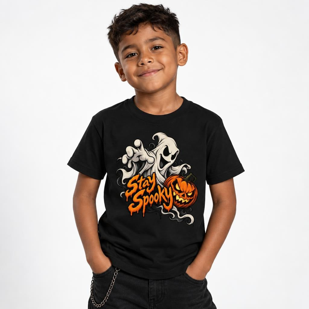 Front view of a child wearing a black T-shirt with “Stay Spooky” lettering, a friendly white ghost, and a jack-o’-lantern graphic.