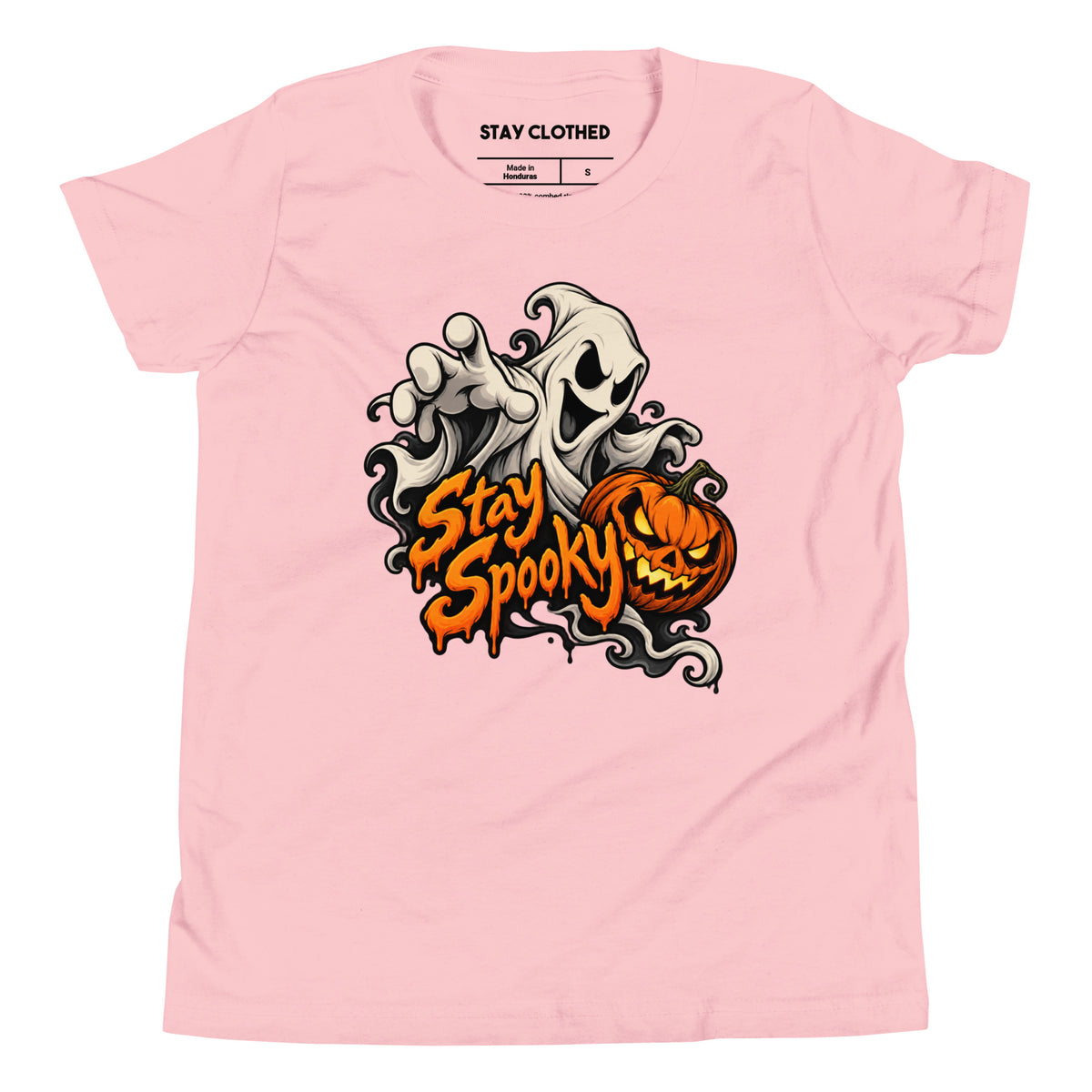 Front view of a pink T-shirt with “Stay Spooky” lettering, a friendly white ghost, and an orange jack-o’-lantern.