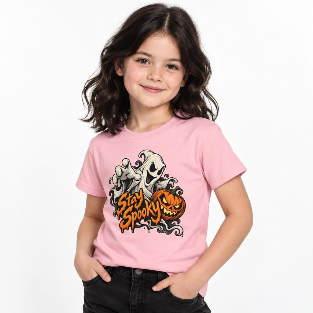 Child modeling a pink Stay Spooky T-shirt with a friendly ghost and orange jack-o'-lantern Halloween graphic.