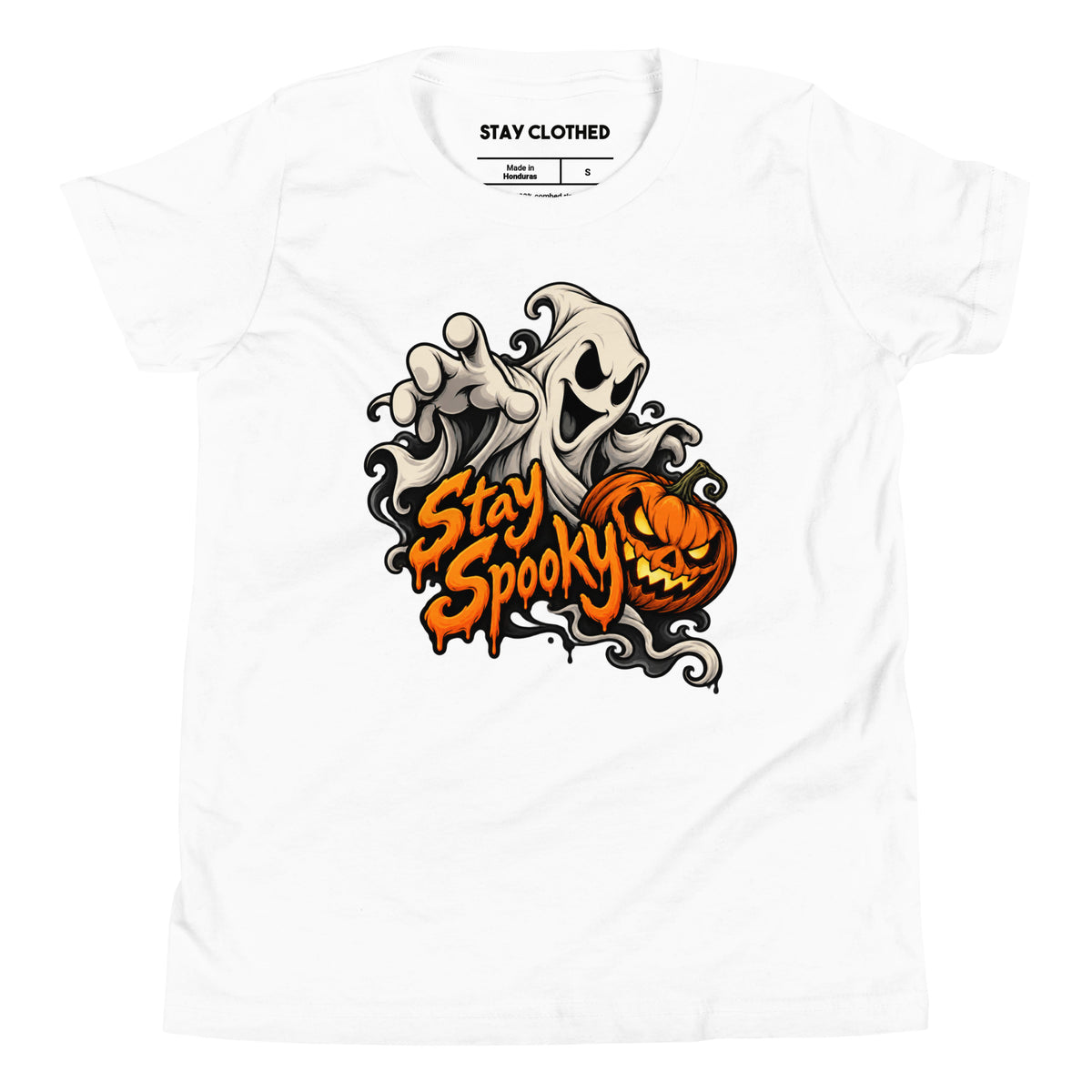 Front view of a white T-shirt with “Stay Spooky” lettering, a friendly ghost, and an orange jack-o’-lantern graphic.