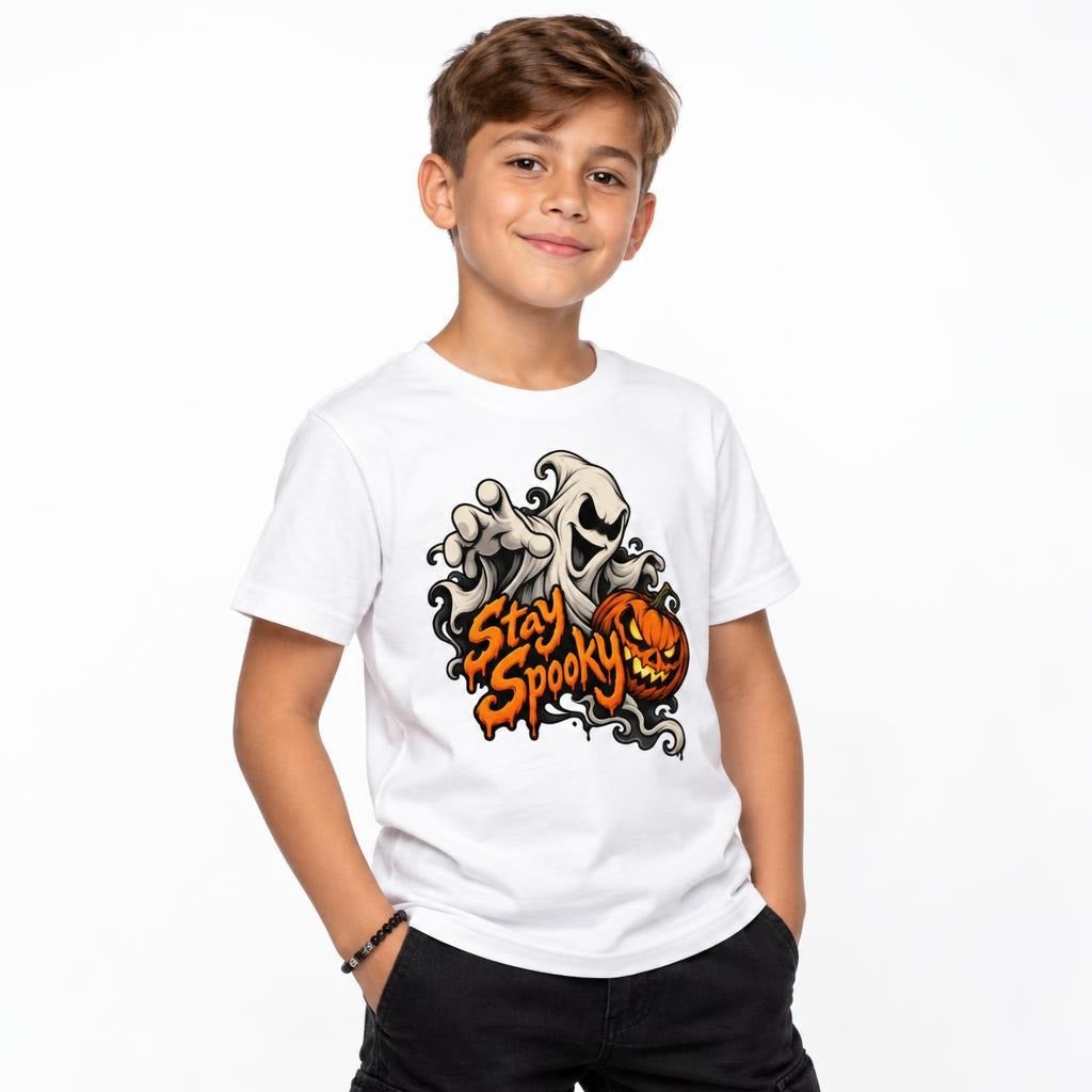Child wearing a white T-shirt with a colorful Stay Spooky graphic featuring a friendly ghost, jack-o-lantern, and swirling accents.