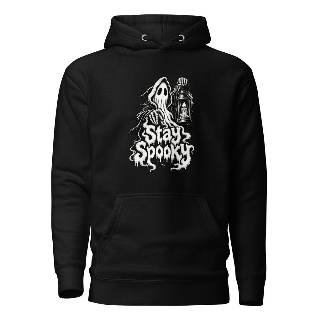 Front view of a black pullover hoodie featuring a floating sheet ghost holding a lantern above dripping “Stay Spooky” lettering.