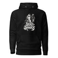 Front view of a black pullover hoodie featuring a floating sheet ghost holding a lantern above dripping “Stay Spooky” lettering.