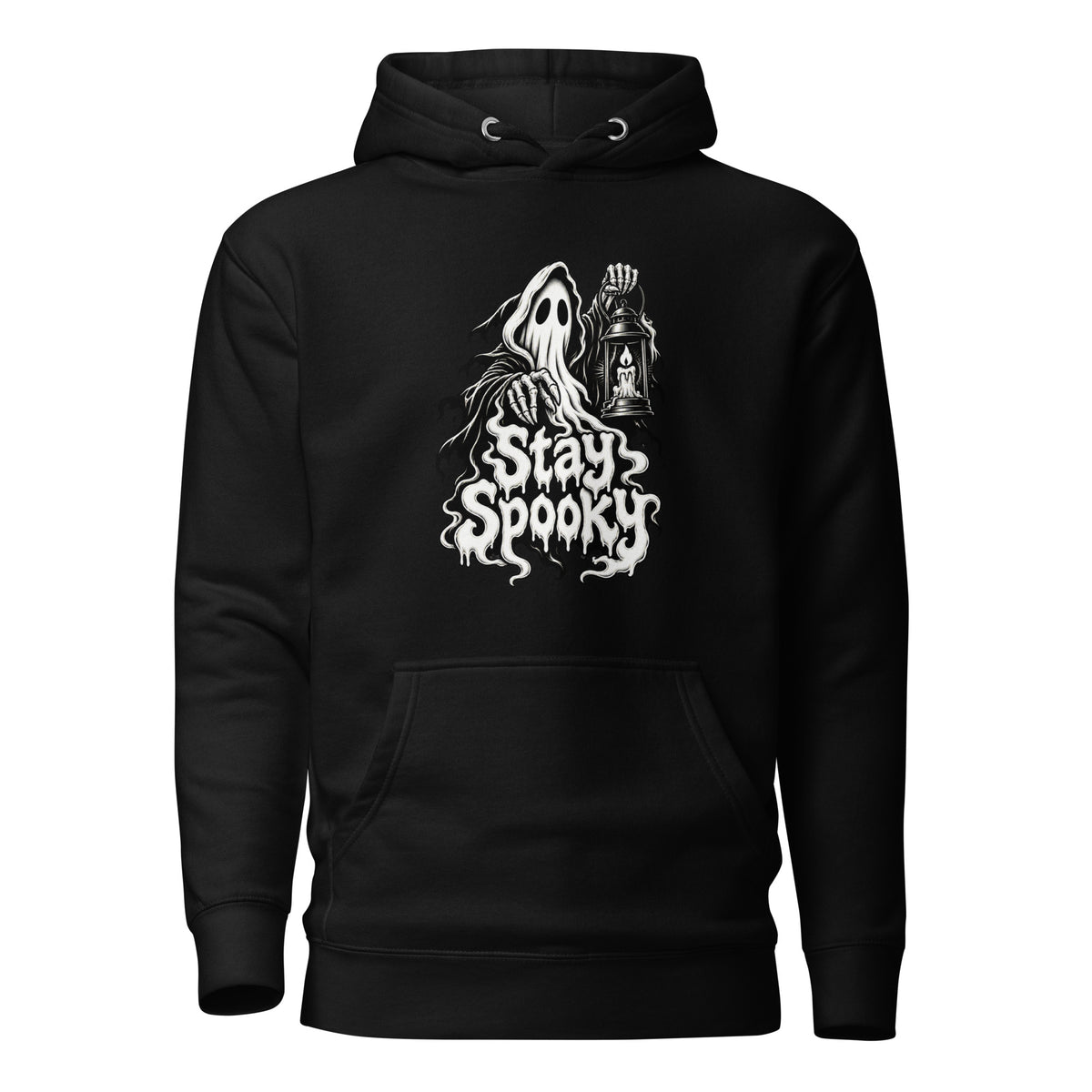 Front view of a black pullover hoodie featuring a floating sheet ghost holding a lantern above dripping “Stay Spooky” lettering.