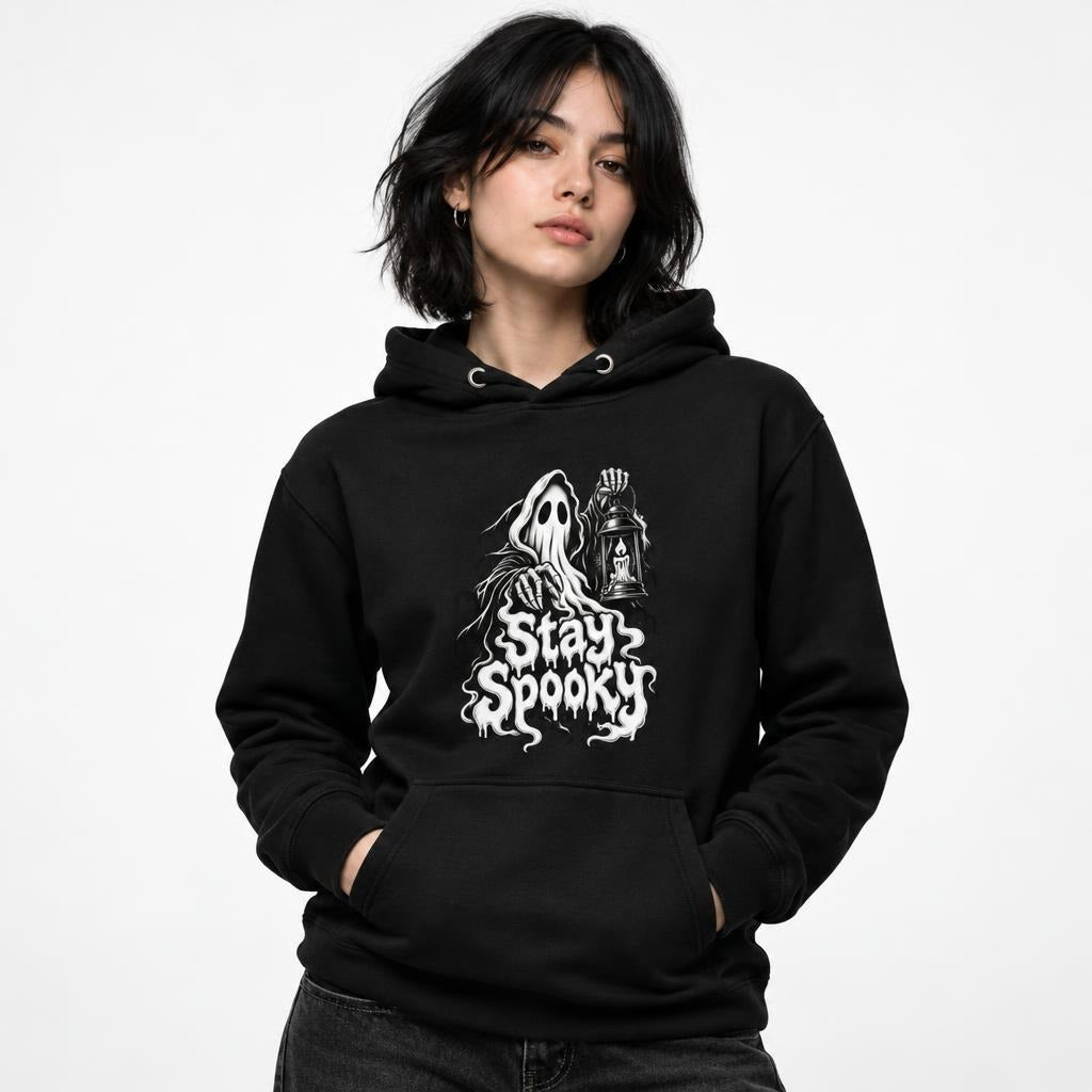 Model wearing a black hoodie with a front graphic of a floating ghost holding a lantern above dripping “Stay Spooky” lettering.