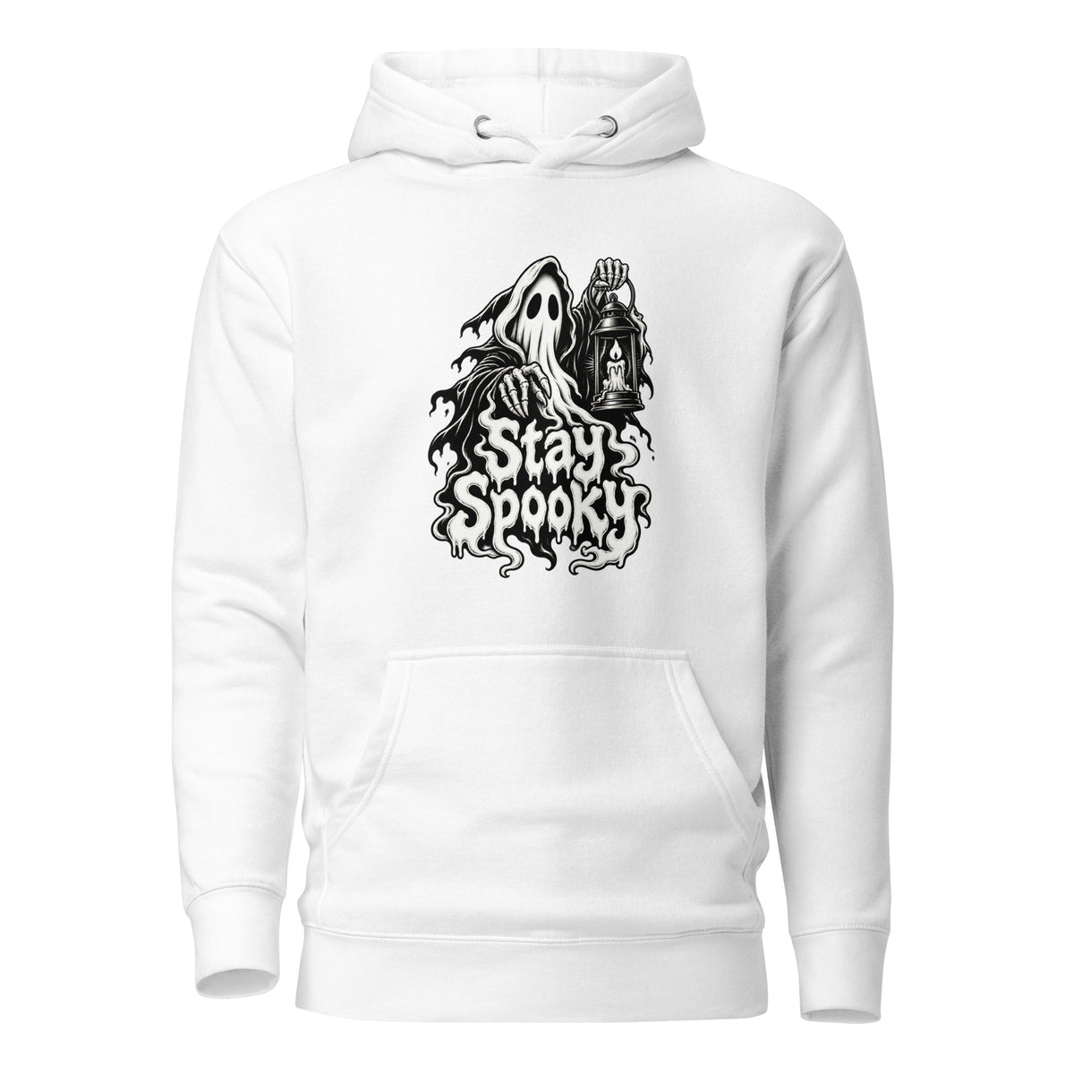 Front view of a white hoodie with a floating sheet ghost holding a lantern above dripping gothic lettering that reads “Stay Spooky.”