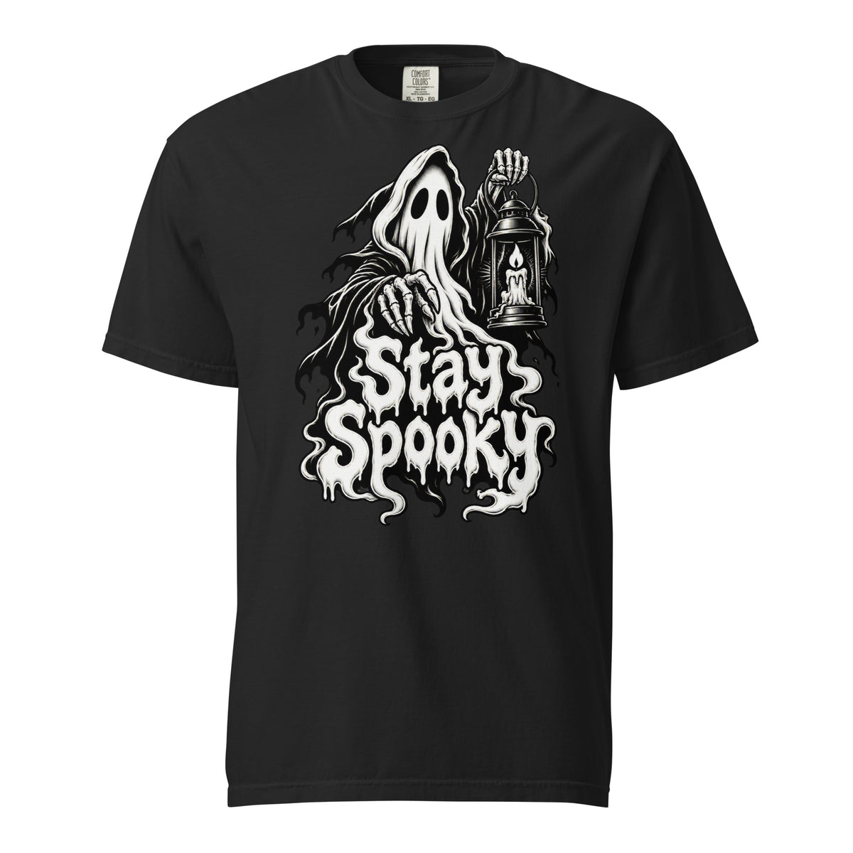 Front of a black T-shirt featuring a hooded ghost, skeletal hands, a candle lantern, and dripping “Stay Spooky” lettering.