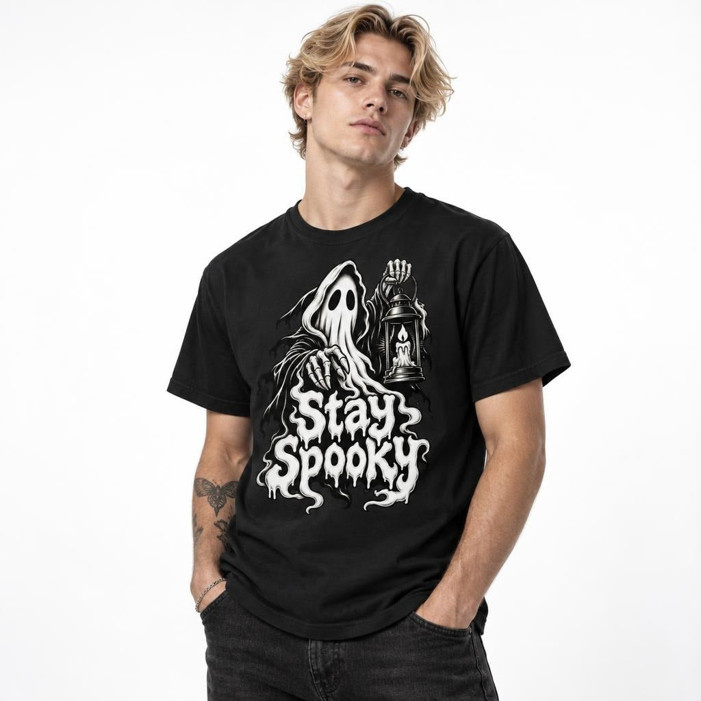 Model wearing a Black T-Shirt with a hooded skeleton, lantern, and dripping Stay Spooky graphic on the front.