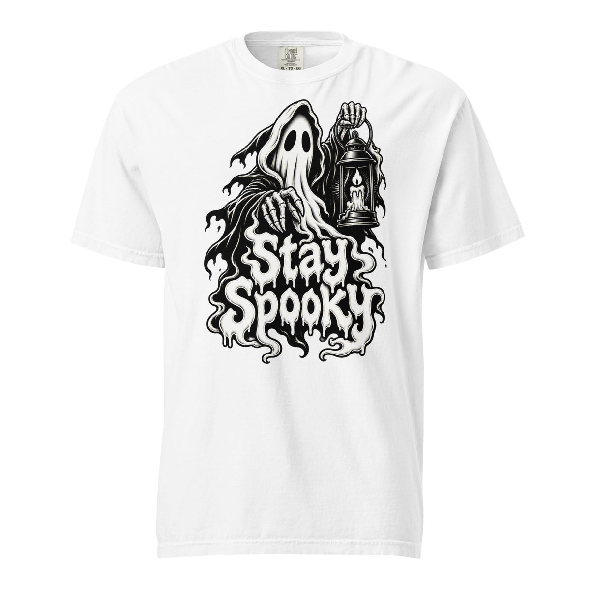 Front view of a white T-shirt featuring a hooded ghost, skeletal hands, a lantern with a candle, and dripping “Stay Spooky” text.