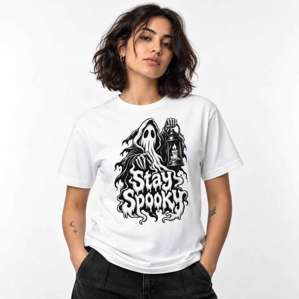 Model wearing a white T-shirt with a hooded ghost, lantern, skeletal hands, and dripping “Stay Spooky” graphic.