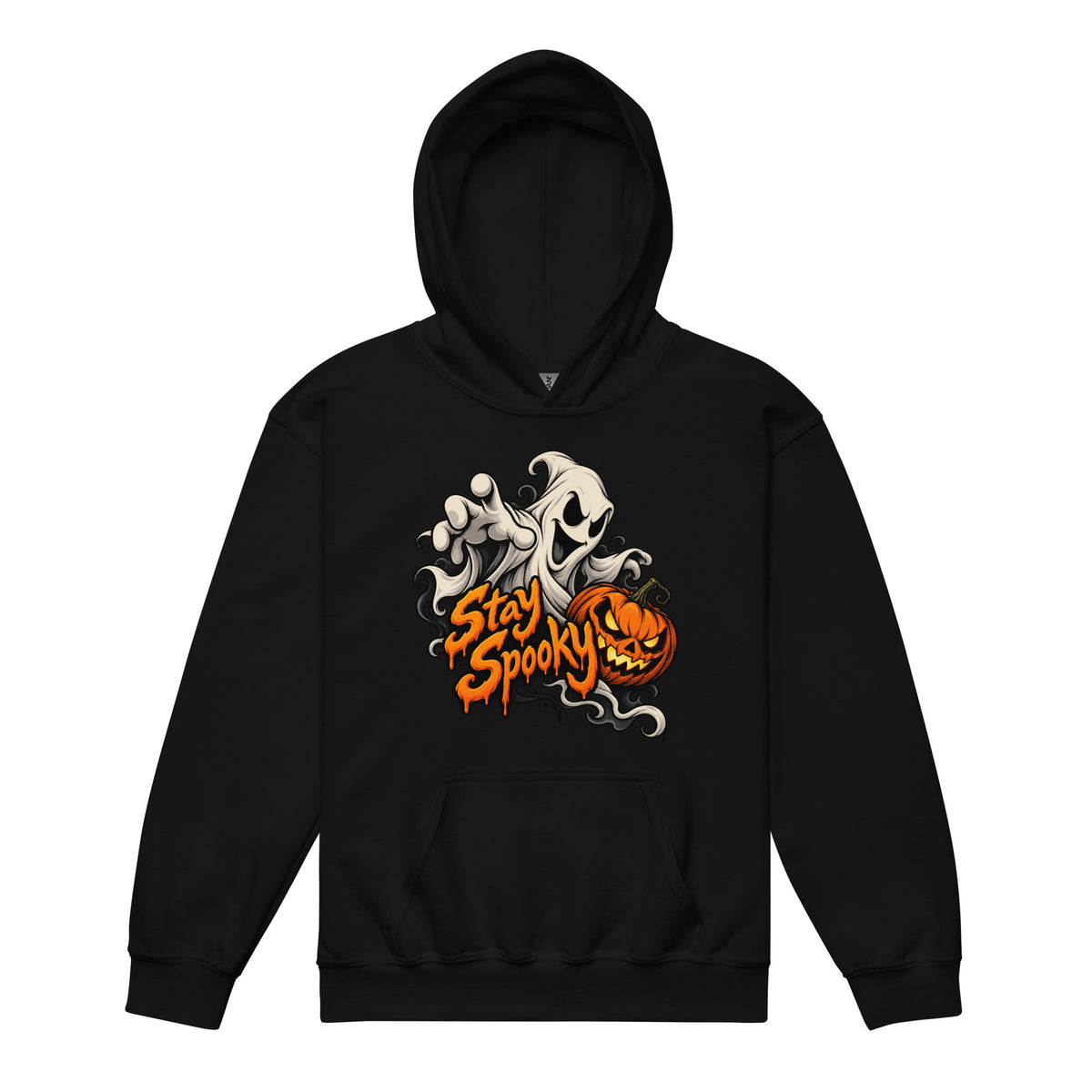 Black hoodie featuring Front artwork reads “Stay Spooky” in bold orange dripping lettering, with a white floating ghost reaching forward beside an orange jack-o’-lantern. The design uses dark outlines, swirling ghost sha