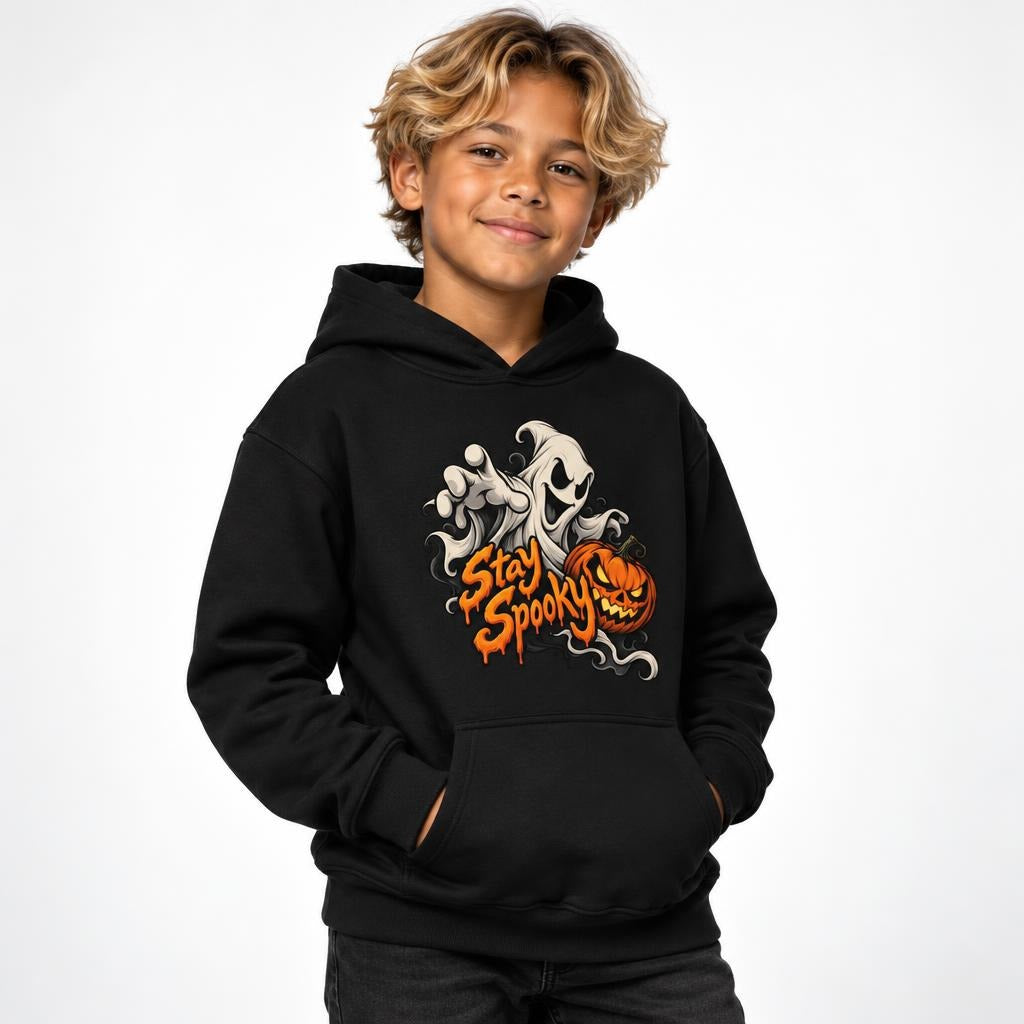 Black hoodie featuring Front artwork reads “Stay Spooky” in bold orange dripping lettering, with a white floating ghost reaching forward beside an orange jack-o’-lantern. The design uses dark outlines, swirling ghost sha