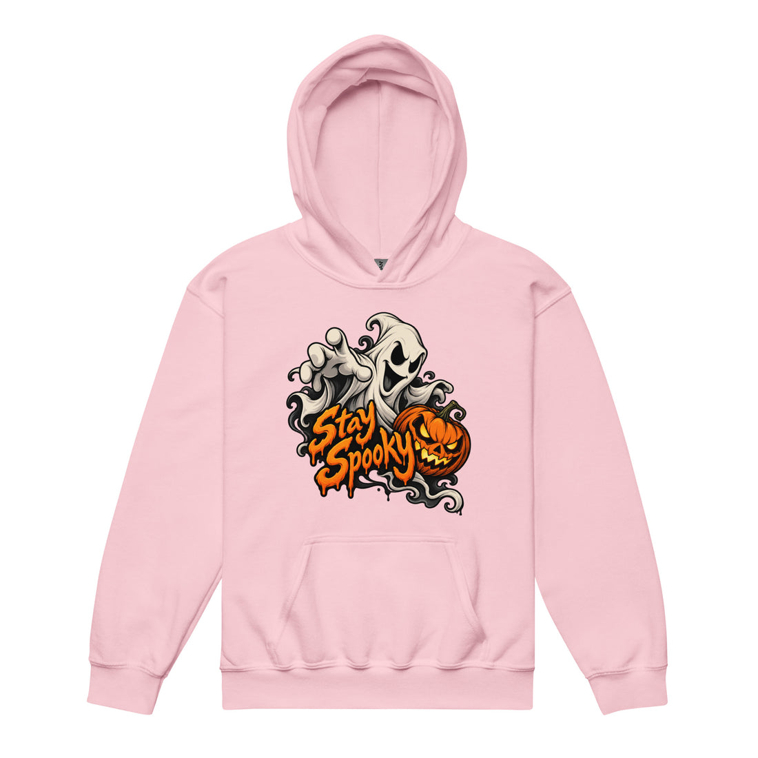 Front view of a light pink hoodie with bold orange “Stay Spooky” lettering, a white floating ghost, and a jack-o’-lantern pumpkin.