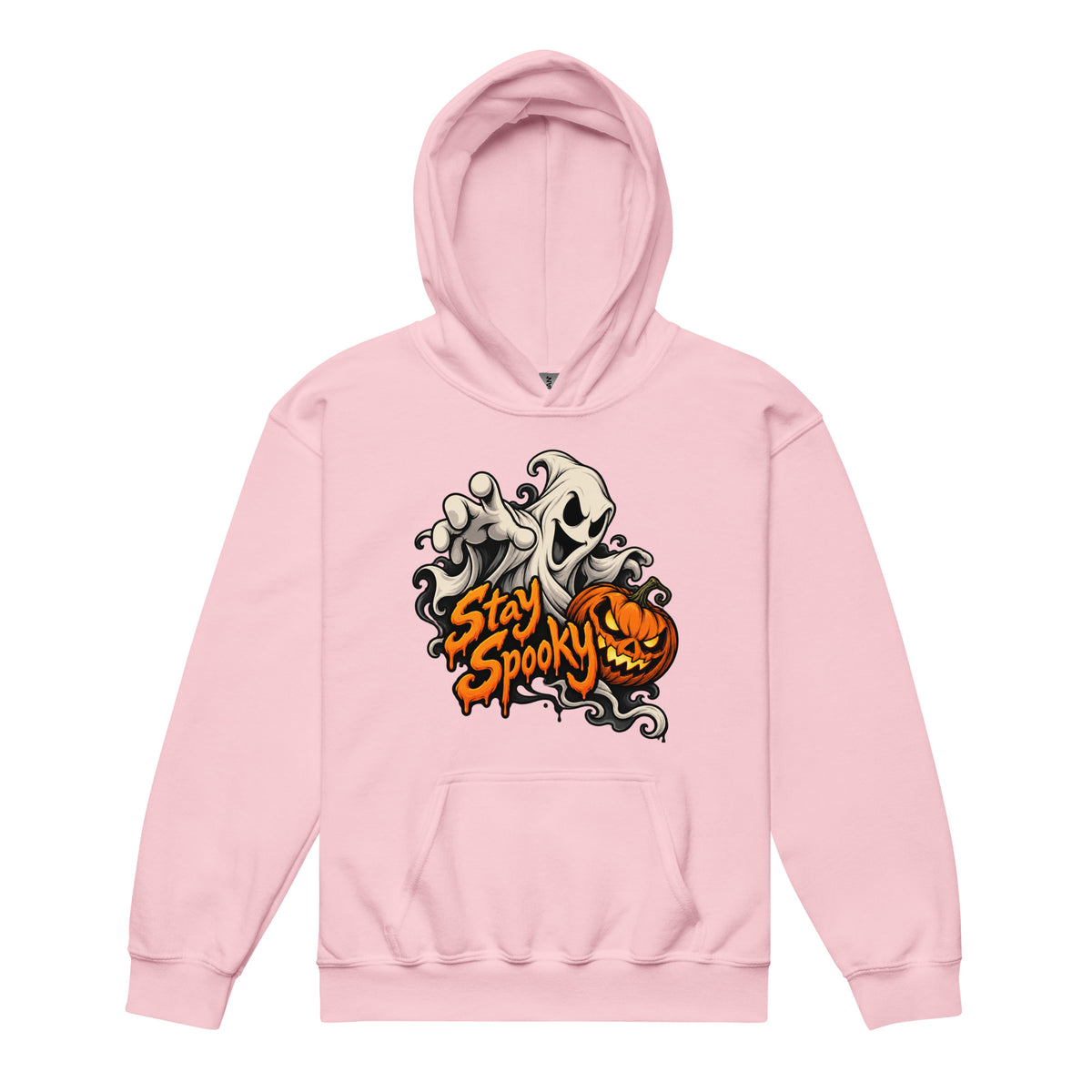 Front view of a light pink hoodie with bold orange “Stay Spooky” lettering, a white floating ghost, and a jack-o’-lantern pumpkin.
