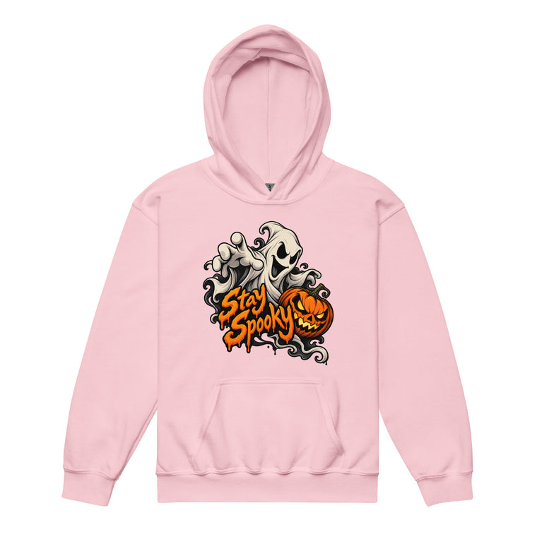 Front view of a light pink hoodie with bold orange “Stay Spooky” lettering, a white floating ghost, and a jack-o’-lantern pumpkin.