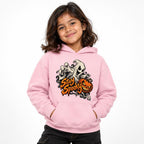 Light Pink hoodie featuring Front artwork reads “Stay Spooky” in bold orange dripping lettering, with a white floating ghost reaching forward beside an orange jack-o’-lantern. The design uses dark outlines, swirling ghos