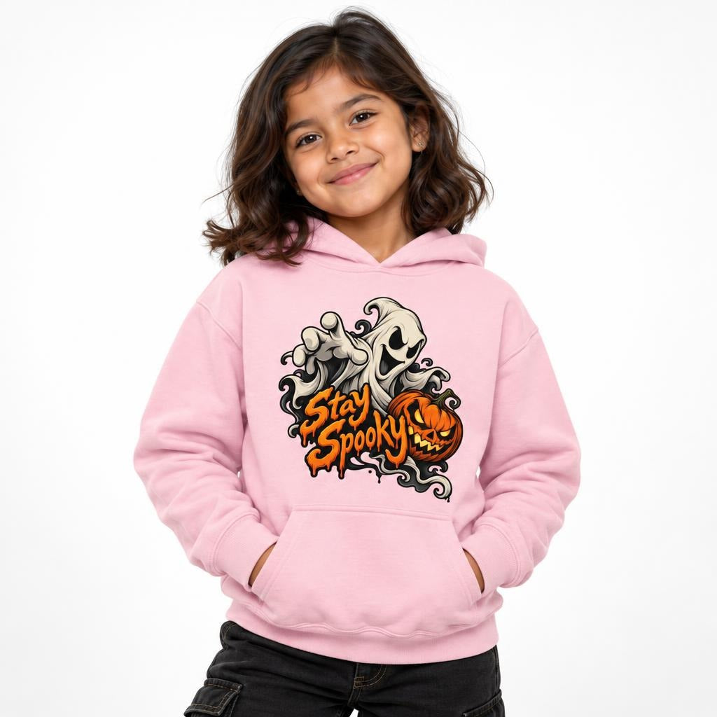 Light Pink hoodie featuring Front artwork reads “Stay Spooky” in bold orange dripping lettering, with a white floating ghost reaching forward beside an orange jack-o’-lantern. The design uses dark outlines, swirling ghos
