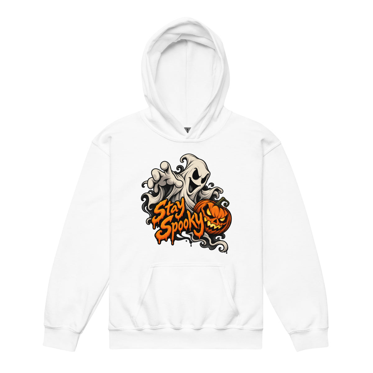 White hoodie featuring Front artwork reads “Stay Spooky” in bold orange dripping lettering, with a white floating ghost reaching forward beside an orange jack-o’-lantern. The design uses dark outlines, swirling ghost sha
