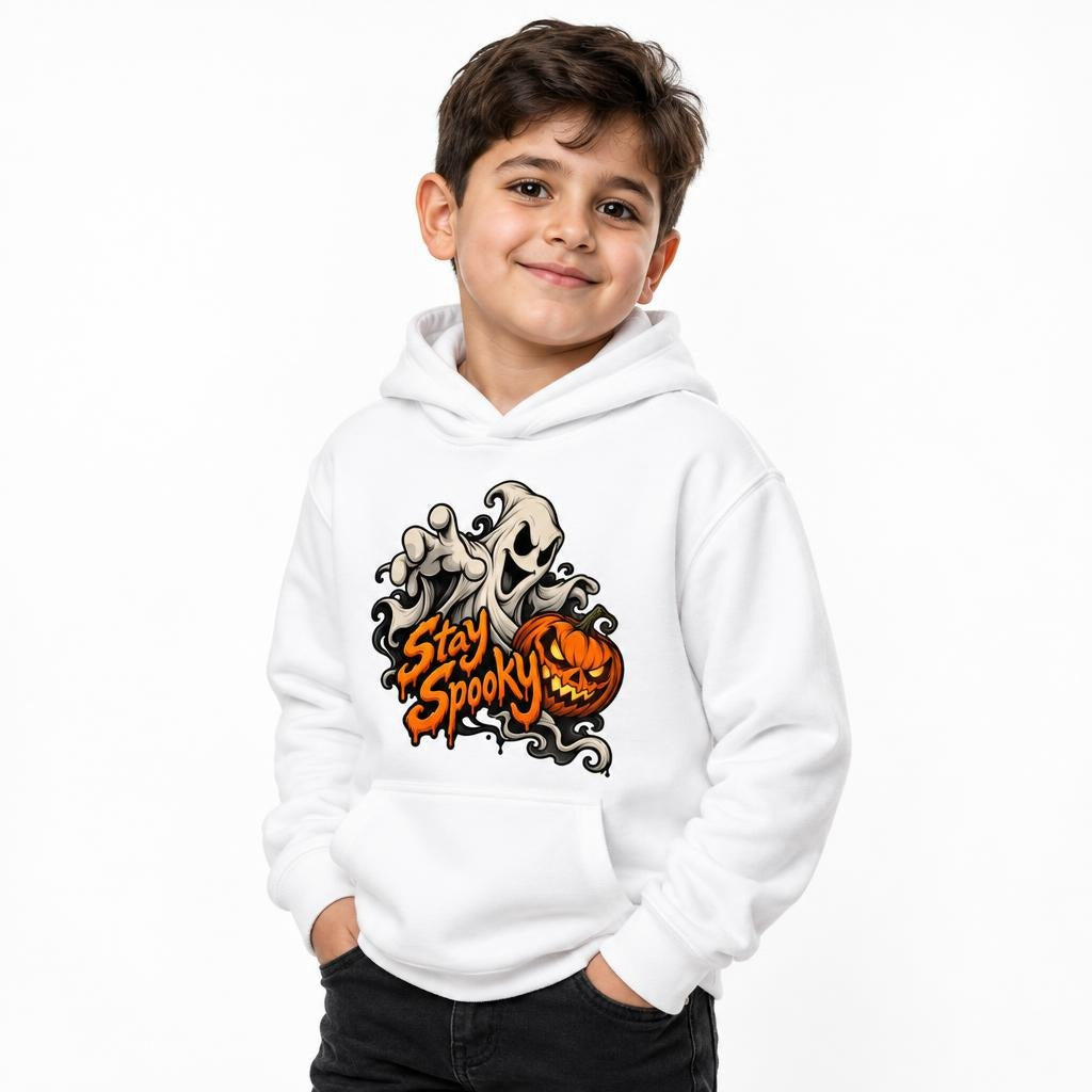White hoodie featuring Front artwork reads “Stay Spooky” in bold orange dripping lettering, with a white floating ghost reaching forward beside an orange jack-o’-lantern. The design uses dark outlines, swirling ghost sha