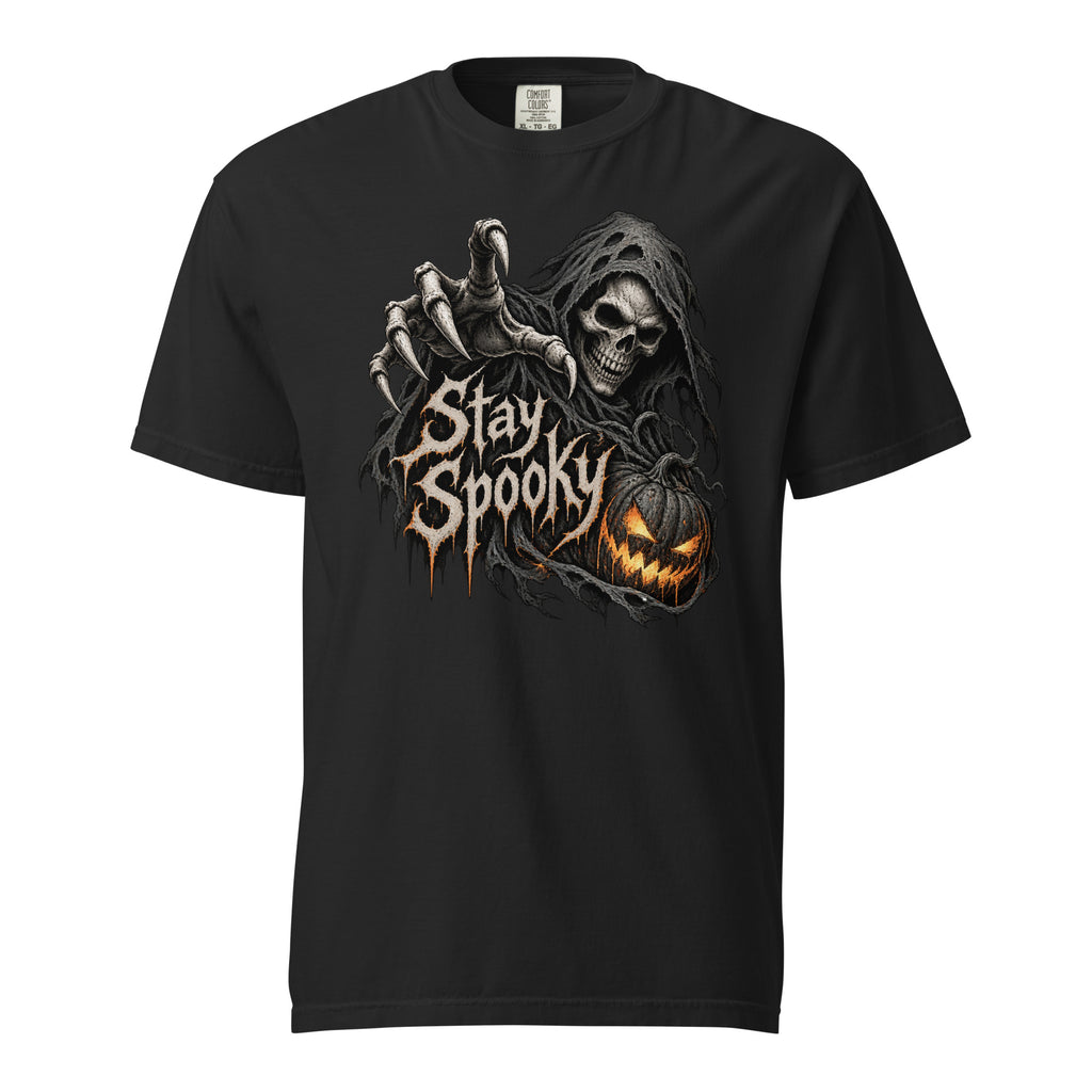Front view of a Black T-shirt featuring Stay Spooky lettering, a hooded Grim Reaper with a Skeleton face, and a glowing Pumpkin.
