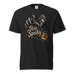 Front view of a Black T-shirt featuring Stay Spooky lettering, a hooded Grim Reaper with a Skeleton face, and a glowing Pumpkin.