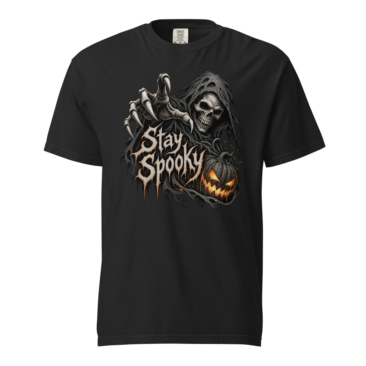 Front view of a Black T-shirt featuring Stay Spooky lettering, a hooded Grim Reaper with a Skeleton face, and a glowing Pumpkin.