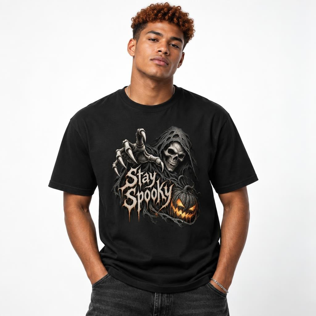 Model wearing a black T-shirt with distressed “Stay Spooky” lettering, a hooded grim reaper skeleton, and a glowing pumpkin.