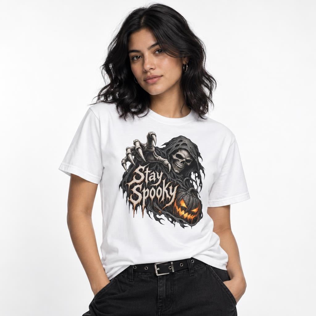 Front view of a white T-shirt featuring Stay Spooky lettering, a hooded Grim Reaper with a skull face, and a glowing pumpkin.