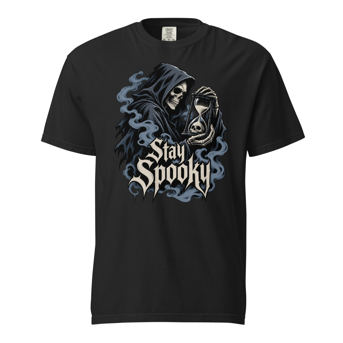 Front view of a black T-shirt featuring a hooded Grim Reaper holding an hourglass with a skull and Stay Spooky lettering.