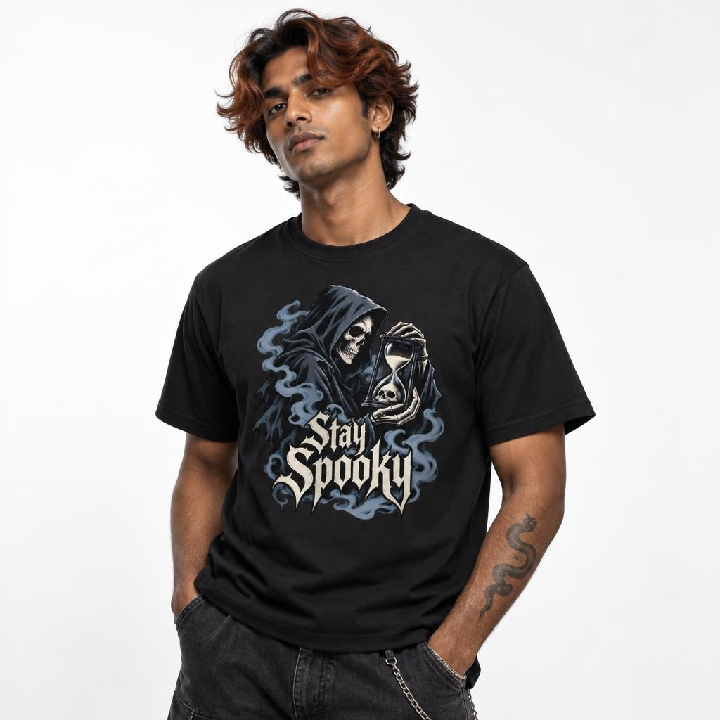 Model wearing a black front-print T-shirt with a hooded Grim Reaper, Skeleton, Hourglass, and Stay Spooky lettering.