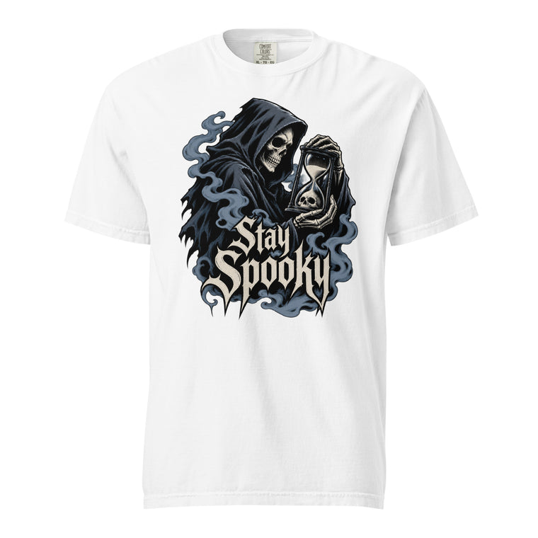 Front view of a White T-shirt featuring a hooded Grim Reaper holding an hourglass containing a skull above distressed Stay Spooky lettering.