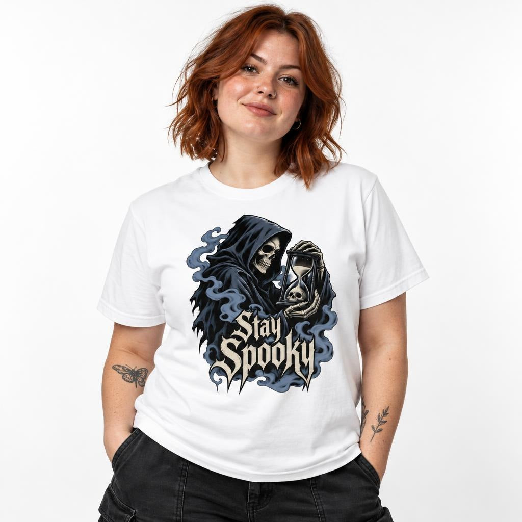 Front view of a White T-shirt featuring a hooded Grim Reaper holding an hourglass with a skull, smoky swirls, and Stay Spooky text.